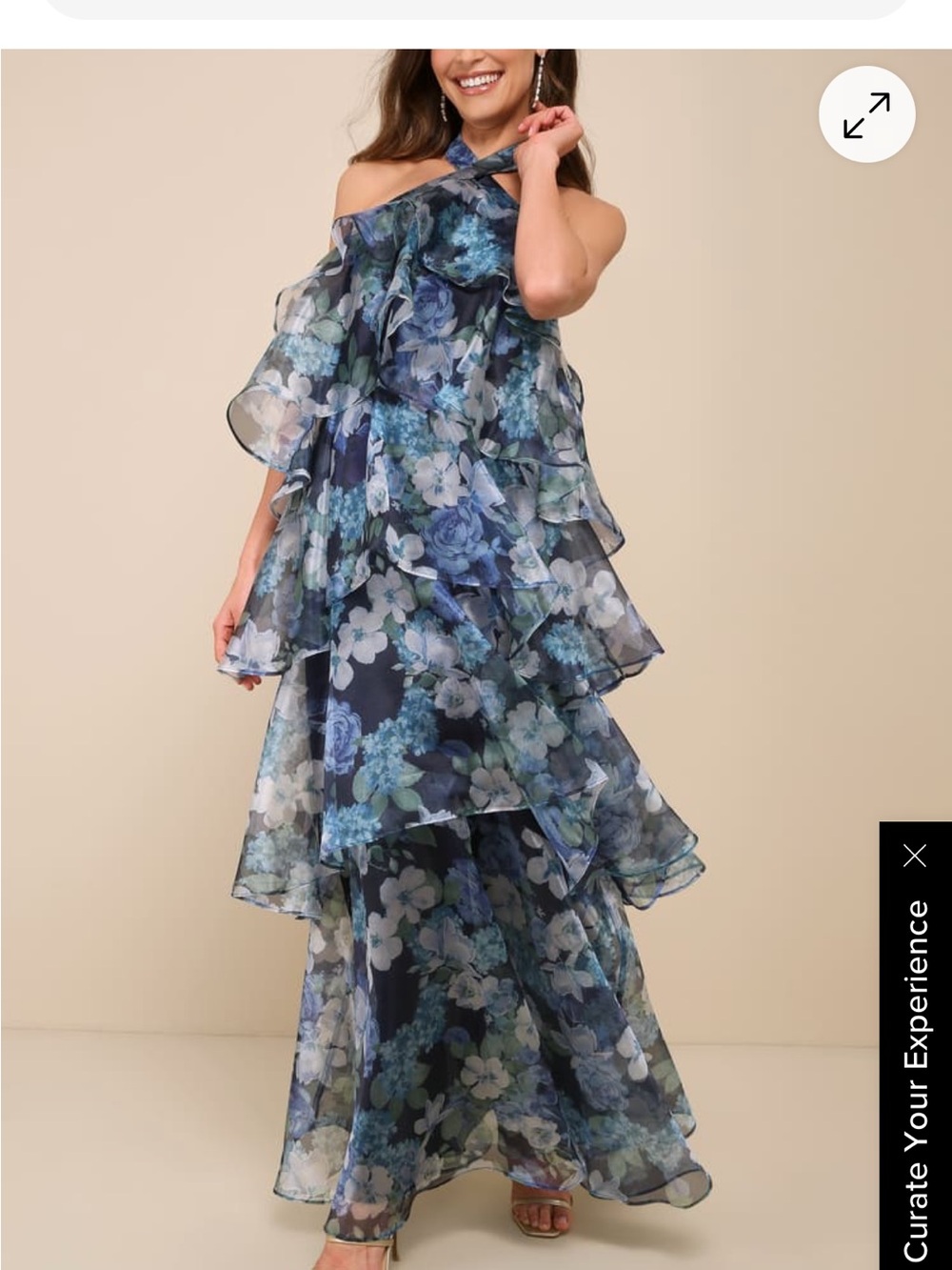 Lulu's Navy and Blue Floral One-Shoulder Ruffled Maxi Dress